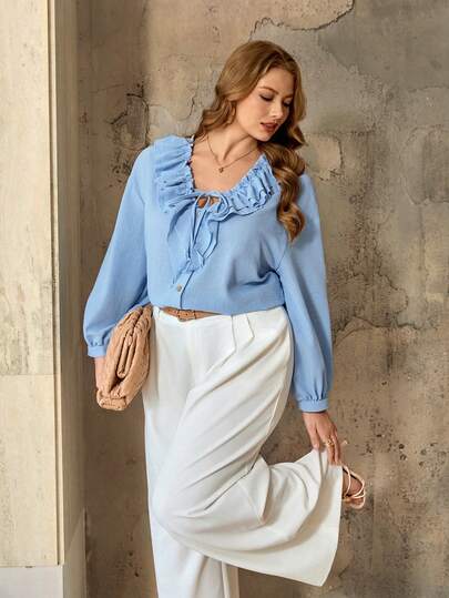 Roveilla 大码休闲荷叶边领系带前襟纽扣长袖宽松衬衫