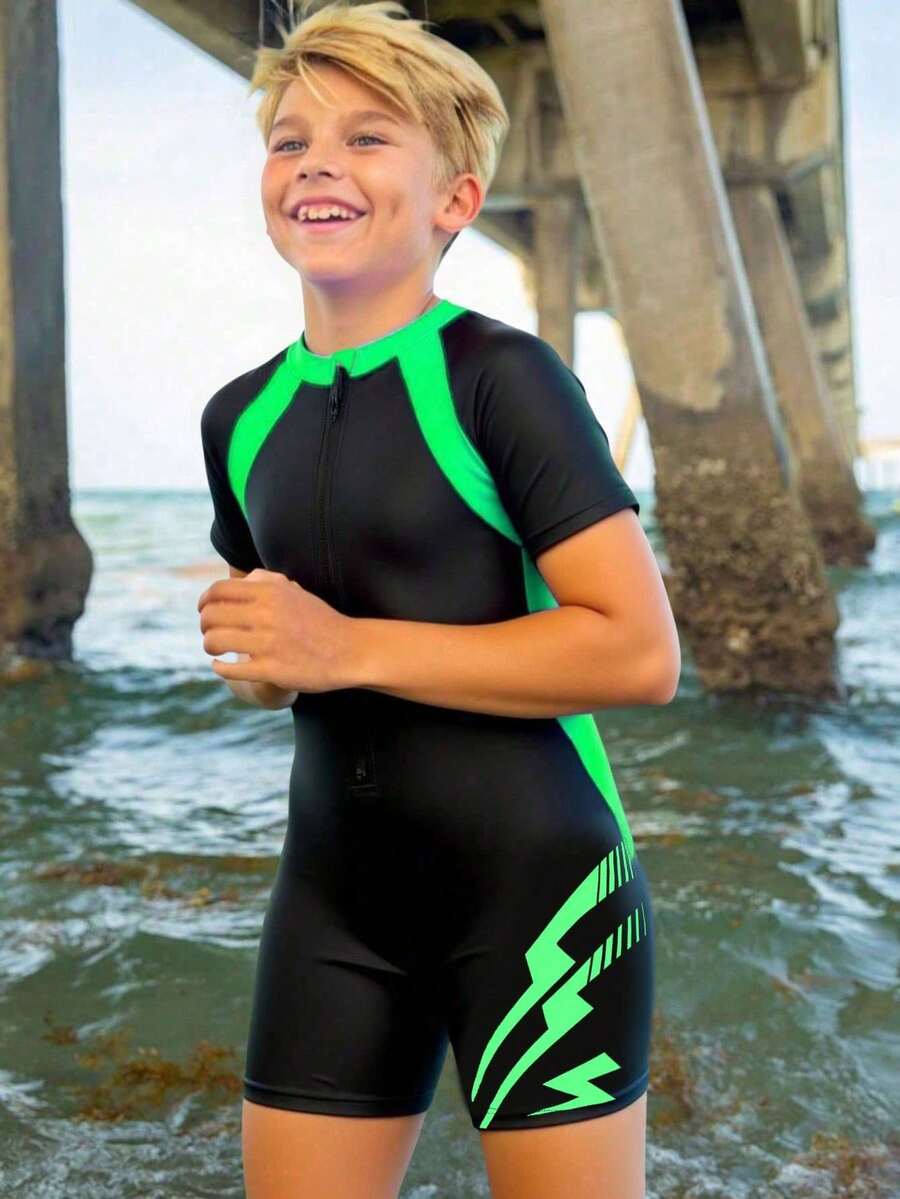 SHEIN Tween Boy Sports Graphics One-Piece Swimsuit, Suitable For Beach, Swimming, Surfing - Green - View 1