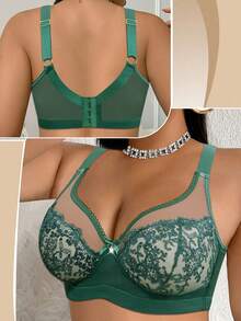 DesireSculpt 1pc Plus Size Lace Patchwork Wireless Bra - Green - View 4
