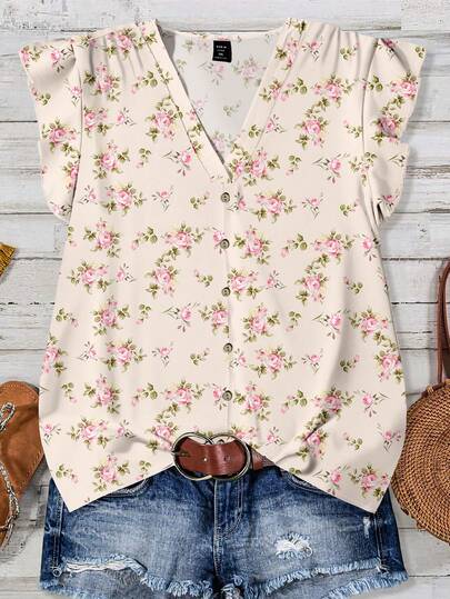 EMERY ROSE Charming Ditsy Floral Loose Fit Casual Blouse With Flared Sleeves, Suitable For Plus Size, Spring/Summer Occasions