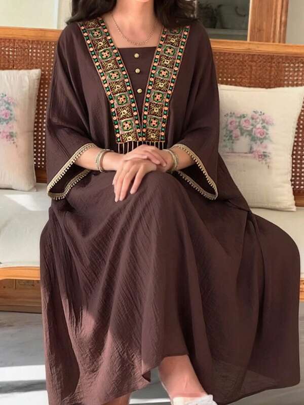 Al Najma New Embroidered Fringe Trim Loose Fit Comfortable Casual Vacation Dress