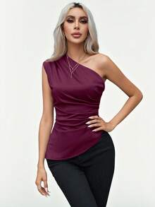 Aveloria Modichic Áo kiểu lệch vai xếp ly eo dành cho nữ, thích hợp cho hẹn hò, đi làm, mùa xuân/hè. - Màu tím hoa cà - Xem 6