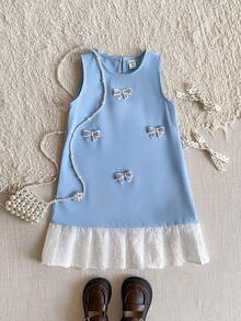 PrepCrw 1件装少女优雅串珠蝴蝶结装饰褶皱无袖圆领浅蓝色连衣裙，适合休闲、外出、聚会、节日、春夏季节穿着。 - 藍色 - 查看 3