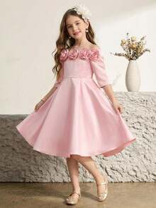 Elladie kids 少女缎面花卉贴花露肩中长连衣裙，公主裙，适合婚礼、花童、生日派对、节日活动、表演等场合 - 粉色 - 查看 7