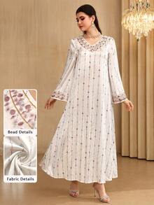 Al Najma Elegant V-Neck Beaded Floral Flare Sleeve Dress, Spring/Summer - Multicolor - View 2