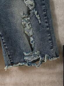 SHEIN Modische Slim Fit Jeans Shorts mit Destroyed-Effekt in hellblau für Tween Jungen, lässig und vielseitig für den Alltag - Dunkle Waschung - Übersicht 5