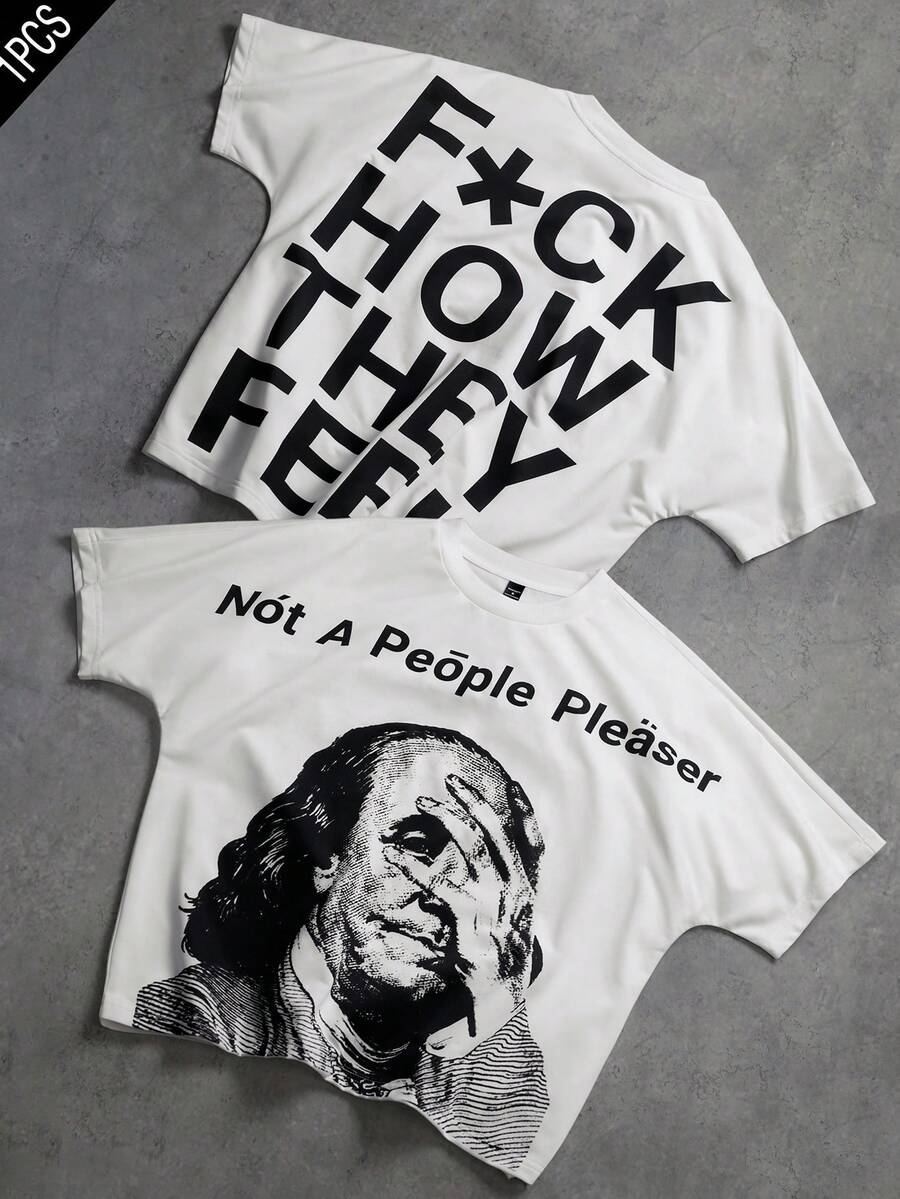 PAVTROS 男士字母和数字印花圆领短袖T恤 - 白色 - 查看 1