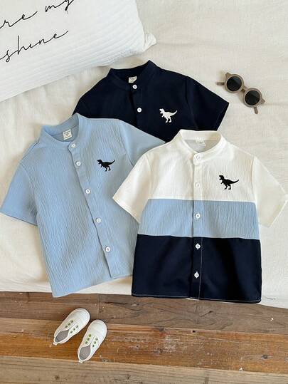 3pcs/Set Young Boy Casual Colorblock Short Sleeve Shirt , Fashion, Spring/Summer