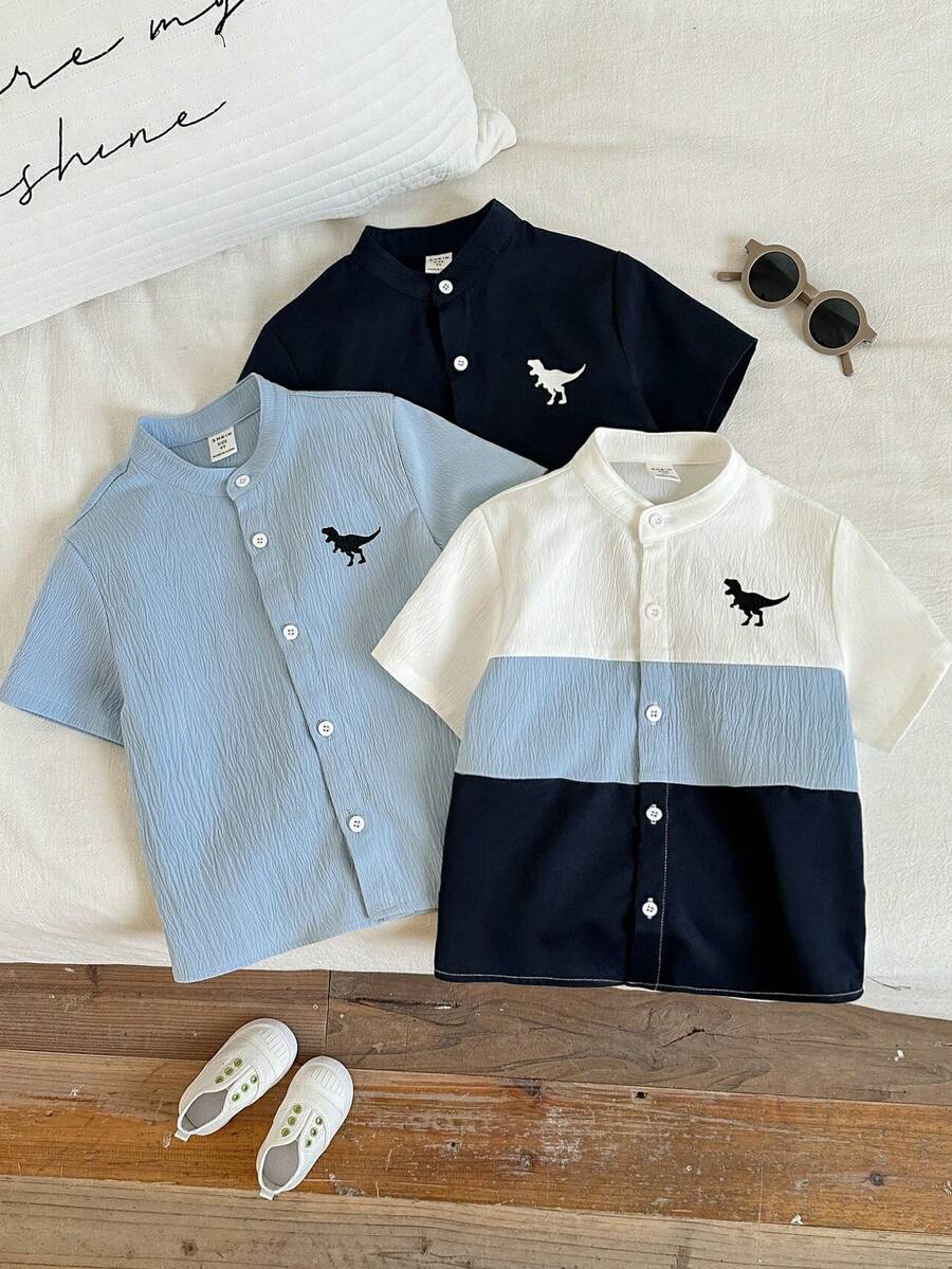 3pcs/Set Young Boy Casual Colorblock Short Sleeve Shirt , Fashion, Spring/Summer - Blue - View 1