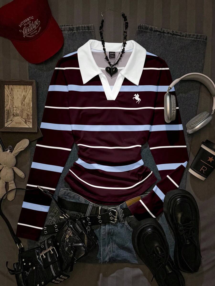 Attitoon Women's Striped Print Embroidered Slim Fit Casual Long Sleeve T-Shirt - White - View 1