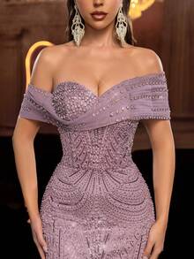 Glamrae 优雅奢华的珍珠串珠亮片刺绣露肩鱼尾礼服，适合婚礼、派对、度假、晚宴、正式场合（装饰繁复） - 藕粉色 - 查看 3