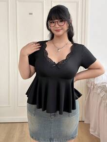 CovetEZ Plus Size Summer Sweet Elegant Lace Patchwork A-Line Elastic Black T-Shirt Night Out - Black - View 6