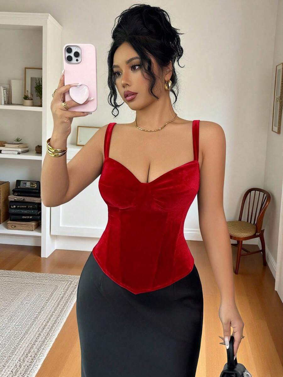 SHEIN Elenzya 女士秋冬都市时尚奢华宴会复古优雅酒红色天鹅绒吊带深V领高腰修身短款吊带背心,适合日常穿着、婚礼、正式晚宴、通勤、毕业派对、节日、度假、约会、派对、万圣节、圣诞节、新年、感恩节等场合。 - 紅色 - 查看 1
