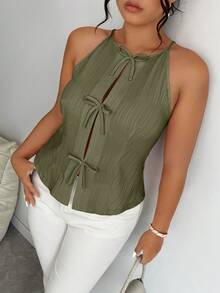 Elenzga Plus Size Women Solid Color Bow Decor Casual Halter Neck Tank Top - Army Green - View 3