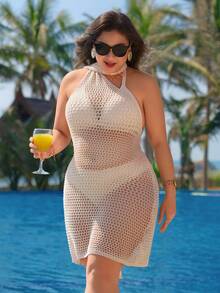 Swim Lushoire Vestido de tirantes de mujer de talla grande de unicolor, de punto y calado, simple y romántico, adecuado para el verano y las vacaciones en la playa - Beis - Ver 6