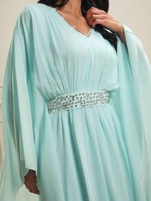 Lilora Women's Elegant Mint Green V-Neck Maxi Dress Long Batwing Sleeve Ruched Flared Hem Flowy Chiffon Gown - Mint Green - View 6