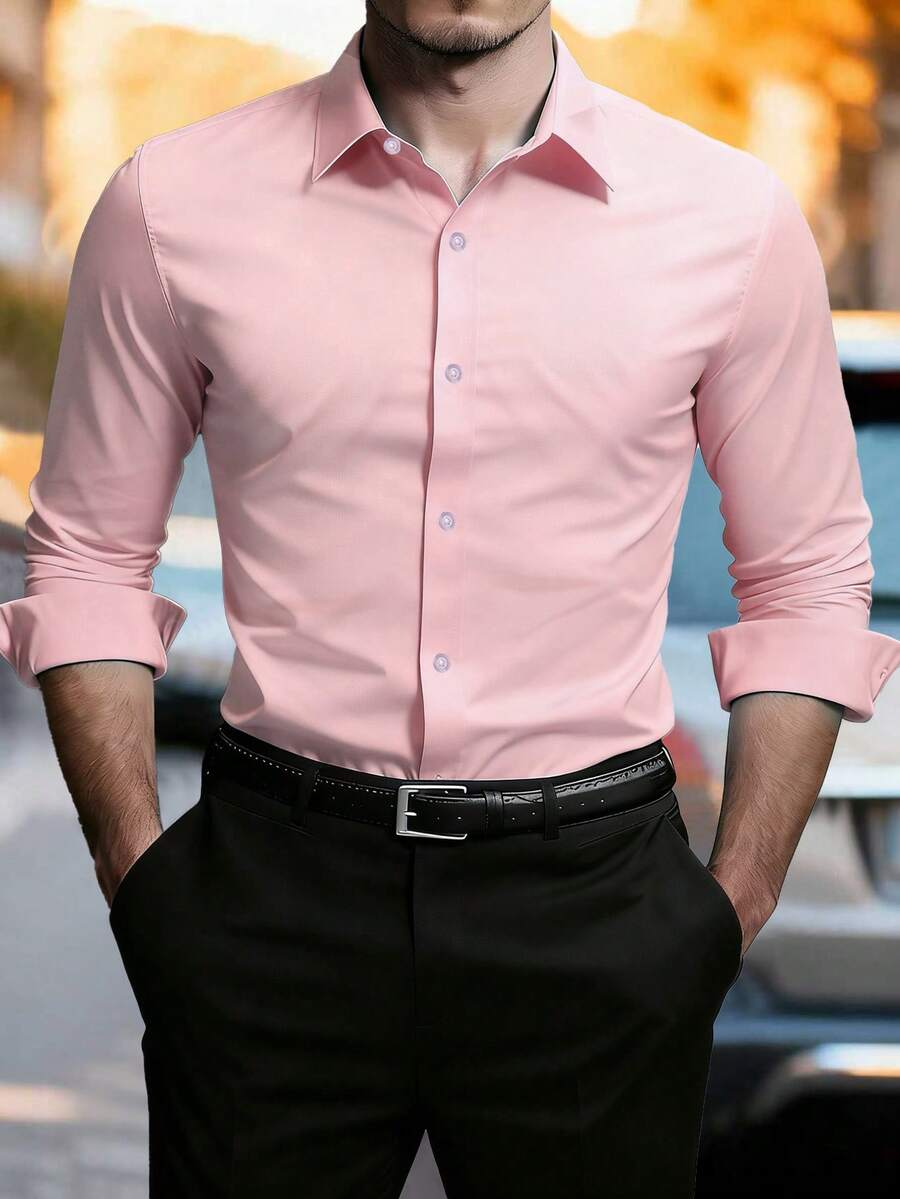 Manfinity Bizformal Men's Button-Down Long Sleeve Formal Business Commuter Mature Elegant Collar Shirt, For Dad And Me, Old Money Men, Work, Daddy White Dress Shirt Menwhite Men Shirtwhite Shirts For Menmen's Dress Shirt - Pink - View 1