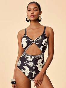 Travachic 女士卡通印花扭结镂空连体泳衣，适合海滩度假 - 彩色 - 查看 4