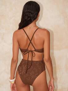 Swim Chiccia 1件装 女士吊带交叉露背绿色串珠装饰连体泳衣 - 咖啡棕 - 查看 2
