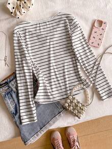 Girls Casual Loose Fit Striped Polo T-Shirt - Multicolor - View 2