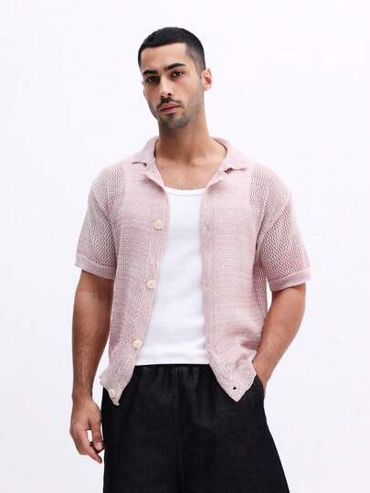 SUMWON Knitted Short Sleeve Polo Shirt With Button Front Collar Mesh Texture Summer Casual