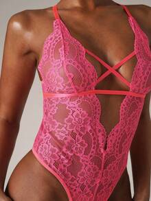 SHEIN BAE Floral Lace Criss Cross Lace Up Backless Teddy Bodysuit Lingerie - Hot Pink - View 7