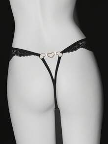 Heart-Shaped Buckle Lace French Elegant Sexy Thong - Black - View 6