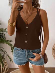 Áo camisole nữ màu trơn, thiết kế cài nút, dáng rộng thoải mái. - Cà phê nâu - Xem 3