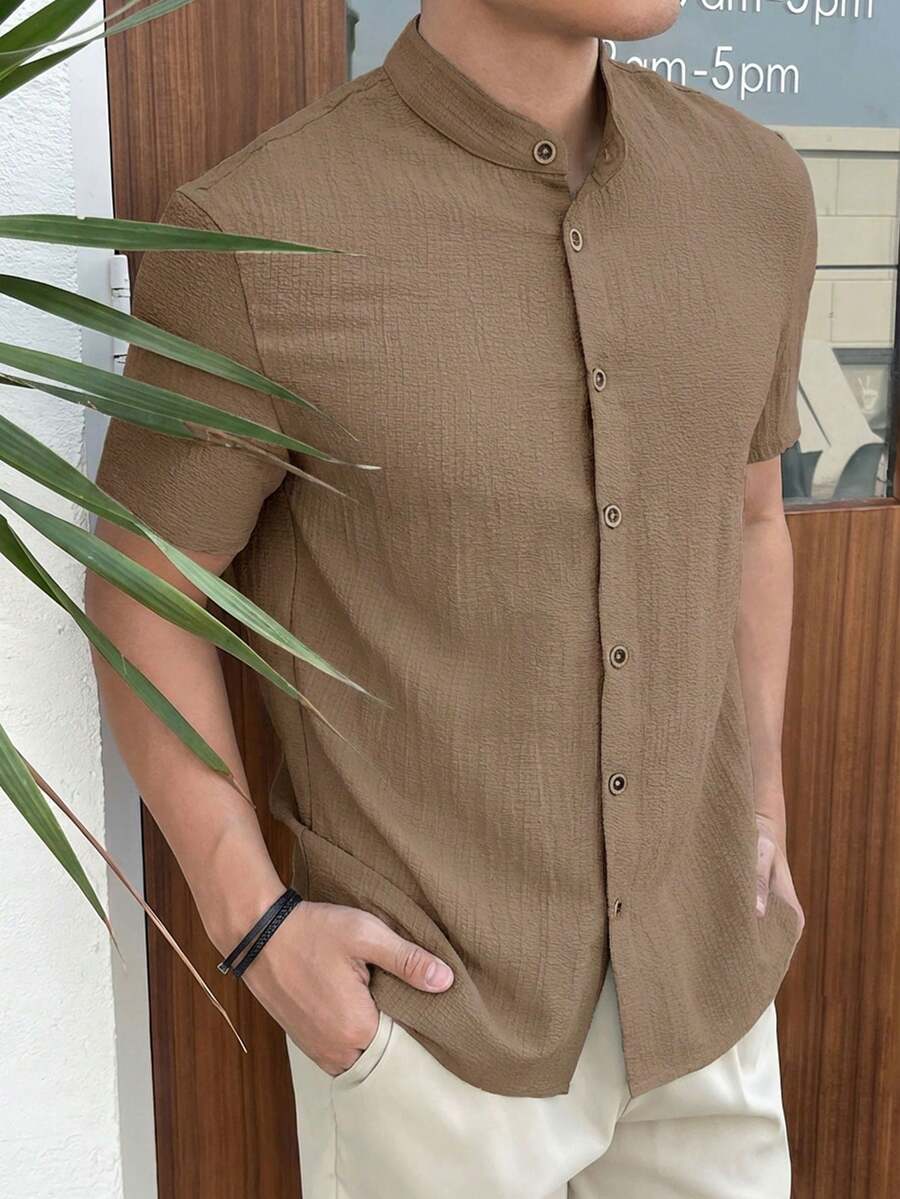 Mainfolk Men's Solid Khaki Short Sleeve Button-Up Casual Shirt,Slim Fit Lightweight Breathable Collarless Grandad Shirt,Summer Beach Wedding Textured Blouse