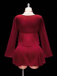 SHEIN ICON 大码酒红色系带蝴蝶结娃娃衫上衣，A字裙，两件套，情人节约会必备，优雅约会之夜装扮 - 酒紅色 - 查看 2