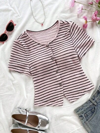 Soleia Women's Vacation Knit Textured Crew Neck Cardigan With Bow Decor & Metal Buttons, Fitted Hem Slit, Suitable For Holiday, Date, Afternoon Tea, Beach, Cruise, City Trip, Music Festival, Boho Vacation