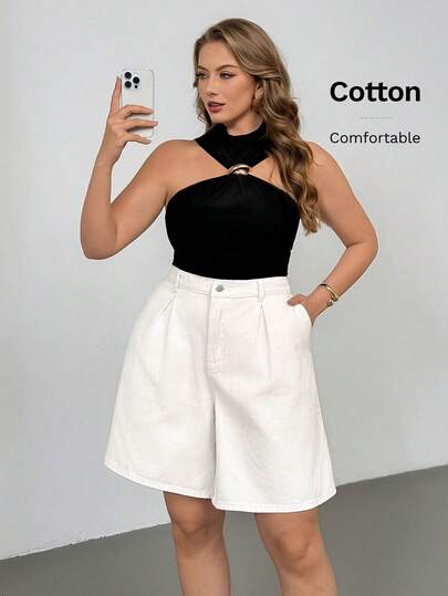 Auralis Plus Size Women Casual Solid Color Elegant Wide Leg Denim Shorts Spring Denim Outfit Women Spring Short For Women White Casual Vaction Short For Women Spring To Summer Valentine's Day Carnival Costume Commuting Vacation Graduation Chic Y2k Cute Streetwear Party Wedding Elegant Business Casual Woman Chic Plus Size Pleated White Denim Shorts With Pockets Comfortable Cotton Blend High Waist Design For Women