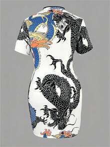 SHEIN Clasi 女士复古龙纹印花修身迷你连衣裙 - 彩色 - 查看 2