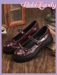 女士酒红色圆头厚底玛丽珍鞋，洛丽塔风格，情人节款 - 酒紅色 - 查看 5