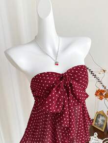 Sweetra Damprickig sexig bandeau-topp med knytband och rosett, ärmlös crop top, trendig söt och mångsidig sexig klubbklädsel, vår/sommar - Röd - Visa 5