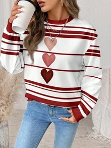 SHEIN LUNE Casual Minimalist Red Heart Pattern Round Neck Loose Fit Women Sweatshirt - Multicolor - View 5