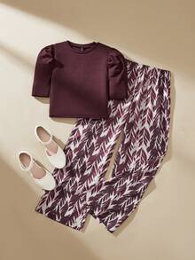 SHEIN 少女泡泡袖上衣和印花阔腿裤两件套，适合日常外出和度假穿着 - 彩色 - 查看 9