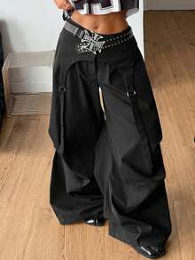 Coolane 女士春季街头风时尚Y2K休闲黑色宽松不对称假两件式降落伞裤 - 黑色 - 查看 1