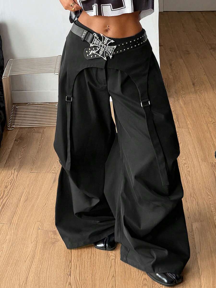 Coolane 女士春季街头风时尚Y2K休闲黑色宽松不对称假两件式降落伞裤 - 黑色 - 查看 1