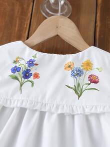 SHEIN LMoss Kids 女童纯色拼接碎花娃娃领休闲连衣裙,可爱碎花荷叶边长袖连衣裙 - 白色 - 查看 7