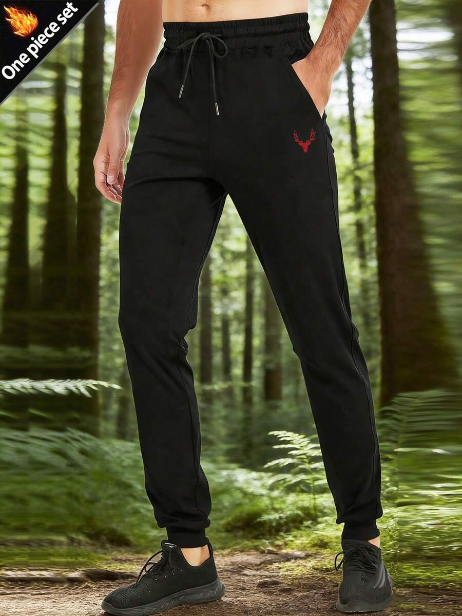 Manfinity Sport Corelite 男士休闲鹿头图案抽绳腰斜插口袋保暖运动裤，适合通勤 - 黑色 - 查看 1
