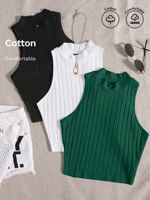 SHEIN Privé 3 Pcs/Set Plus Size Solid Color Stand Collar Tank Top For Summer - Dark Green - View 4