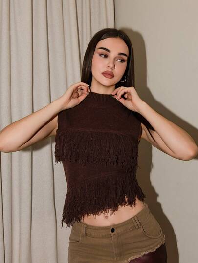 Bris Aura Women's Solid Color Sleeveless Knit Fringe Decorated Asymmetrical Hem Vest, Basic Sweater Top For Urban Commute, Business Casual, Office Wear, Elegant For Christmas Party, New Year, Brown