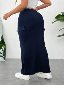 SHEIN EZwear 大码女式实用口袋休闲及膝半身裙，藏蓝色 - 藏蓝色 - 查看 2