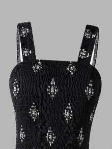 SHEIN ChillGRL Teen GirlEthnic Print Jumpsuit, Black Slim Fit Sleeveless Jumpsuit, Casual Vacation Wear, Suitable For Summer - Black - View 5