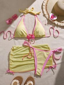 Bonvoyette Women's Contrast Trim Halter Twist Front Bikini Set With Sarong Skirt - Brown - View 1