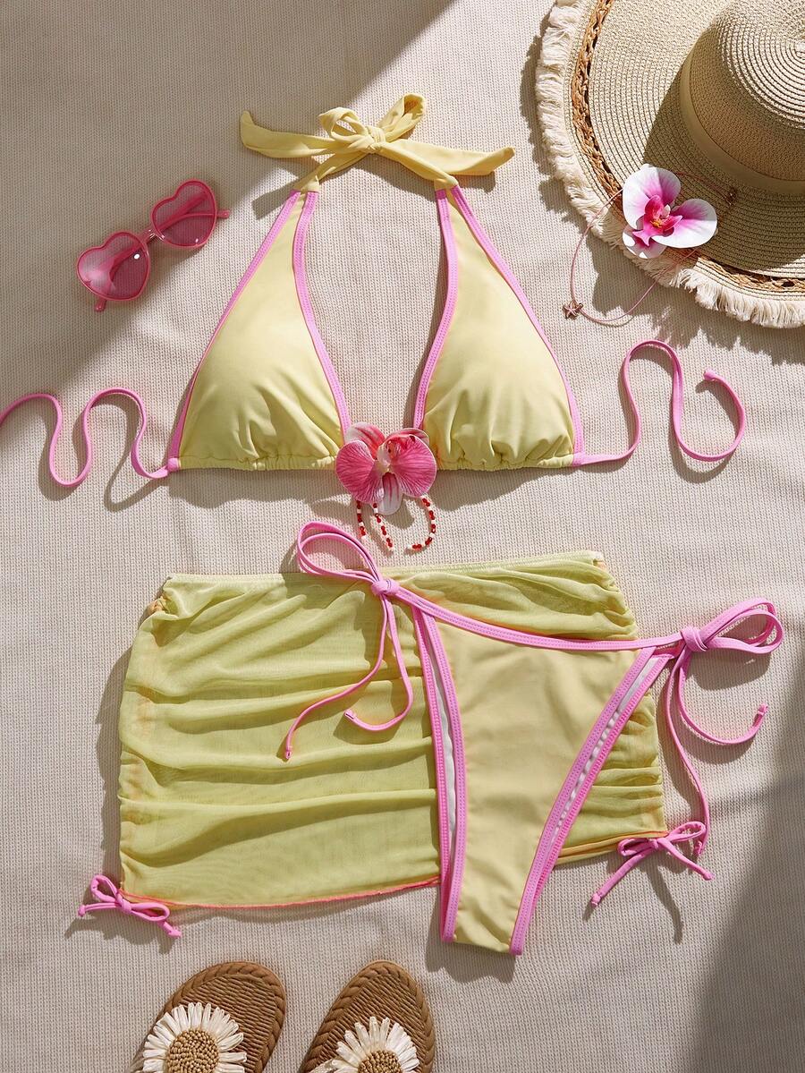 Bonvoyette Women's Contrast Trim Halter Twist Front Bikini Set With Sarong Skirt - Brown - View 1