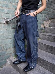 Manfinity EMRG Men's Casual Streetwear Multi-Pocket Striped Blue Denim Jeans - Dark Wash - View 6