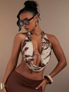 Hauture Women's Sexy Abstract Print Halter Cowl Neck Open Back Top - Multicolor - View 5