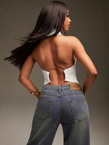 Denimoi Suéter sin mangas con cuello alto y anillo en O, Top de suéter, Top sin espalda, Suéter de cuello alto - Blanco - Ver 5